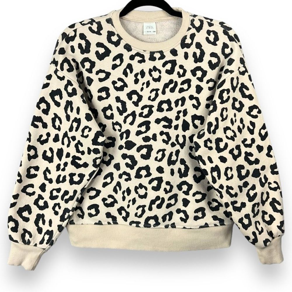 Zara Girls 13 14 Leopard Print Pullover Crewneck Knit Boxy Oversized Sweatshirt
